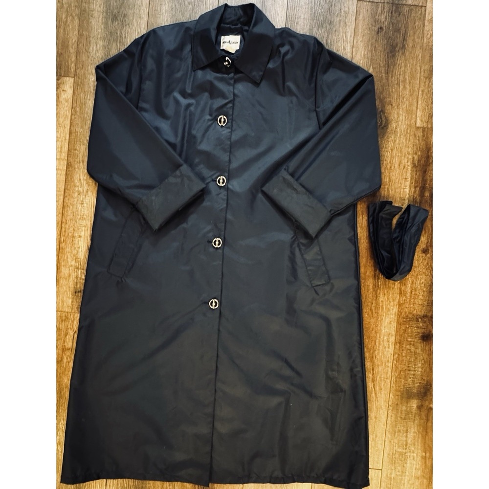 Vintage Aqua Sheen Raincoat Womens Large Navy Blue Belted Minimalist Trench Coat